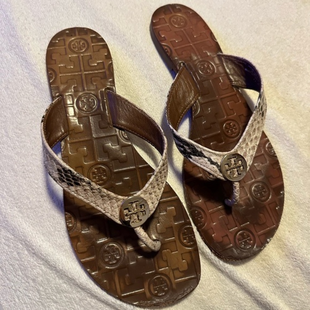Tory Burch Thor’s Snakeskin Logo Flip Flop Sandal